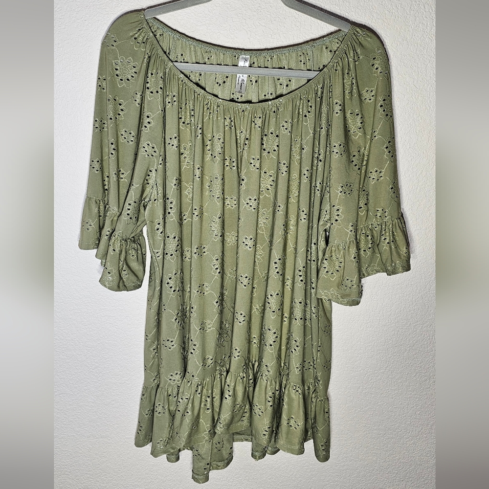 Preseption Women's 3x Peasant Style Ruffleed 3/4 Sleeves & Hem Sage Green